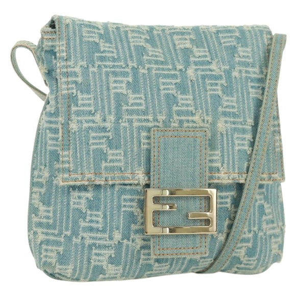 FENDI Zucca Canvas Mamma Baguette Shoulder Bag Light Blue Gold Auth 173198V