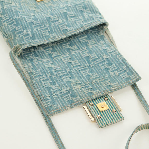 FENDI Zucca Canvas Mamma Baguette Shoulder Bag Light Blue Gold Auth 173198V