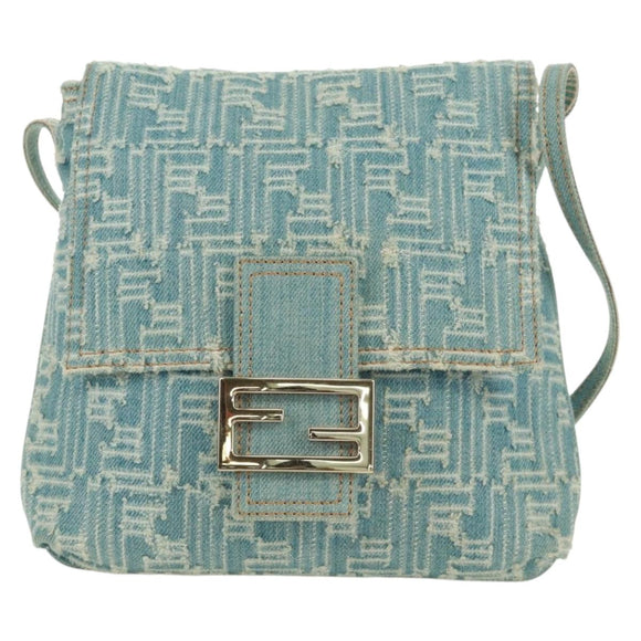 FENDI Zucca Canvas Mamma Baguette Shoulder Bag Light Blue Gold Auth 173198V