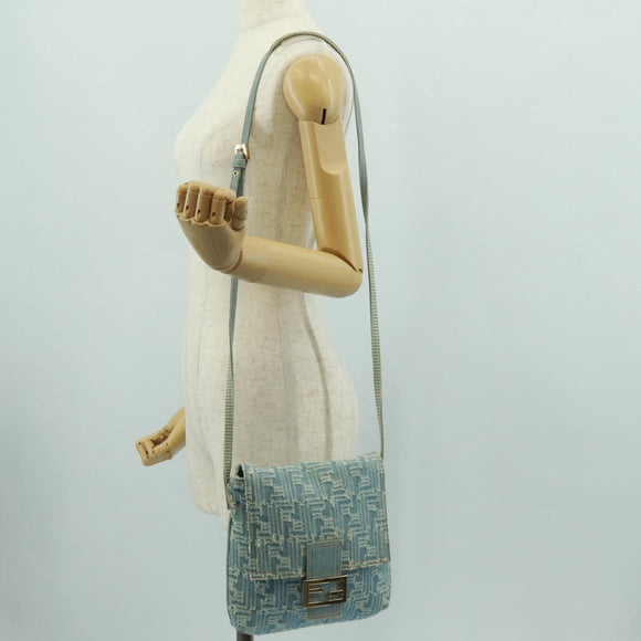 FENDI Zucca Canvas Mamma Baguette Shoulder Bag Light Blue Gold Auth 173198V