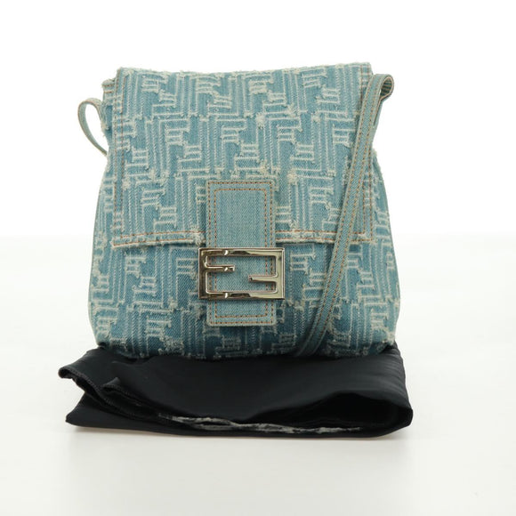 FENDI Zucca Canvas Mamma Baguette Shoulder Bag Light Blue Gold Auth 173198V