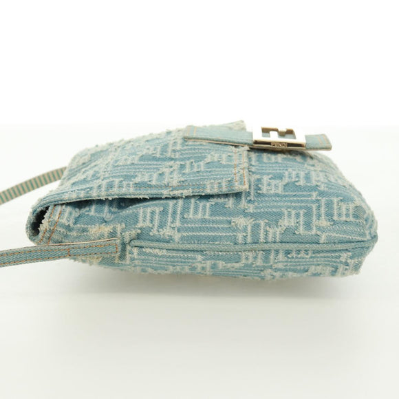 FENDI Zucca Canvas Mamma Baguette Shoulder Bag Light Blue Gold Auth 173198V