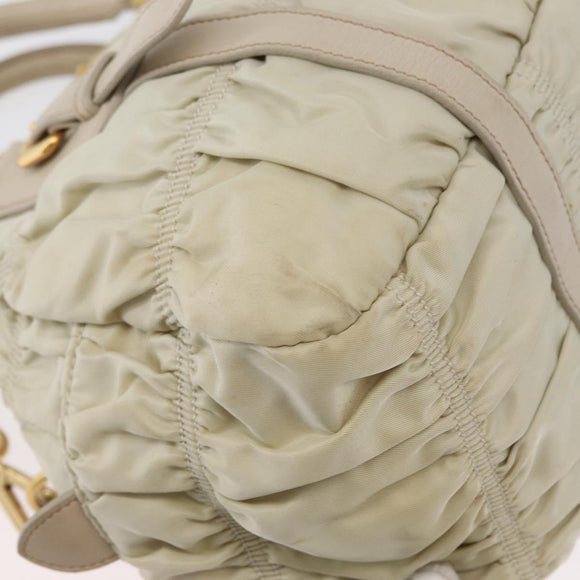 PRADA Geplooide Handtas Nylon 2-weg Ivoor Goud Auth 173201