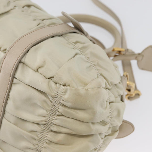 PRADA Geplooide Handtas Nylon 2-weg Ivoor Goud Auth 173201