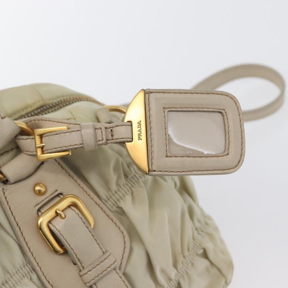 PRADA Geplooide Handtas Nylon 2-weg Ivoor Goud Auth 173201