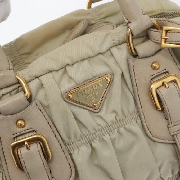 PRADA Gathered Hand Bag Nylon 2way Ivory Gold Auth 173201