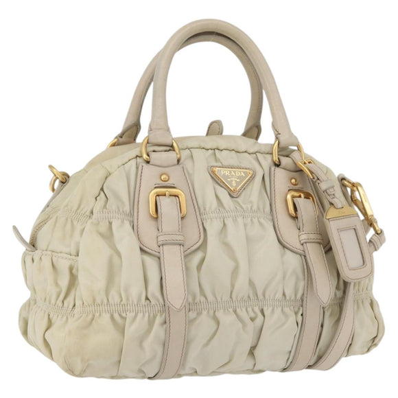 PRADA Geplooide Handtas Nylon 2-weg Ivoor Goud Auth 173201