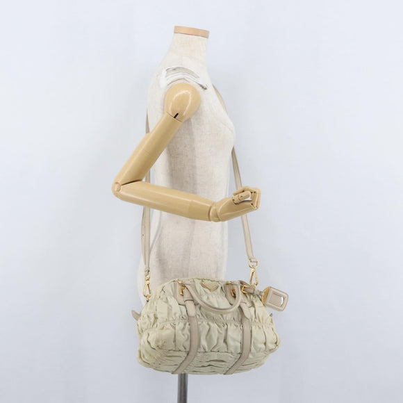PRADA Geplooide Handtas Nylon 2-weg Ivoor Goud Auth 173201