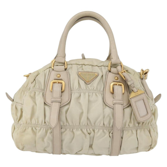 PRADA Geplooide Handtas Nylon 2-weg Ivoor Goud Auth 173201