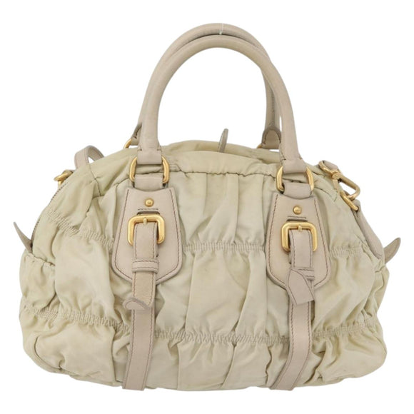PRADA Geplooide Handtas Nylon 2-weg Ivoor Goud Auth 173201