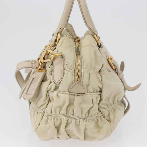PRADA Geplooide Handtas Nylon 2-weg Ivoor Goud Auth 173201