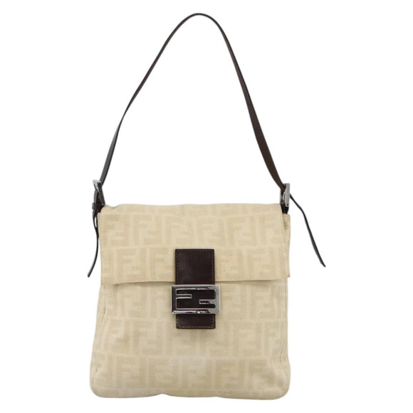 FENDI Zucca Canvas Mamma Baguette Shoulder Bag Beige Silver Auth 173212