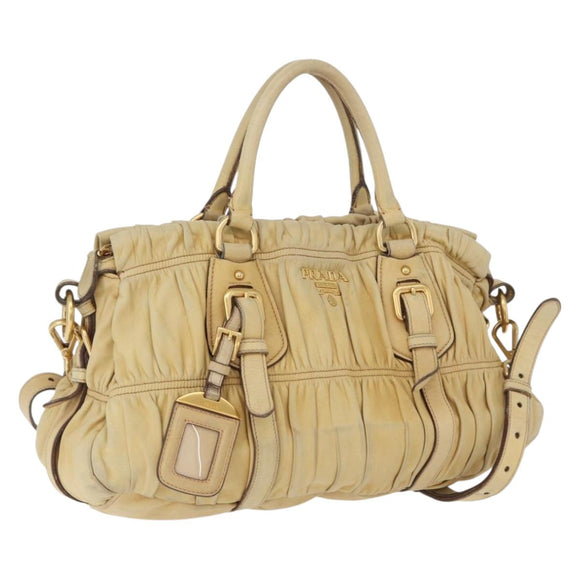 PRADA Hand Bag Leather 2way Ivory Gold Auth 173213