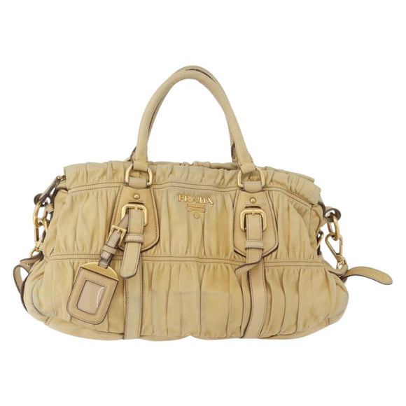 PRADA Hand Bag Leather 2way Ivory Gold Auth 173213