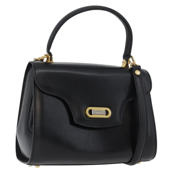 BALLY Handtasche Leder 2-Wege Schwarz Gold Auth 173218