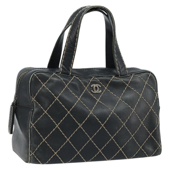 CHANEL Wild Stitch Hand Bag Leather Black CC Auth 173219