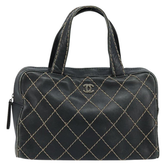 CHANEL Wild Stitch Hand Bag Leather Black CC Auth 173219