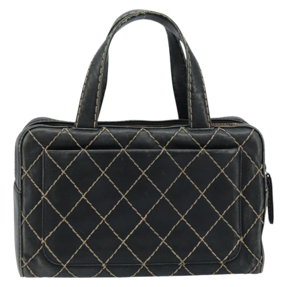 CHANEL Wild Stitch Hand Bag Leather Black CC Auth 173219