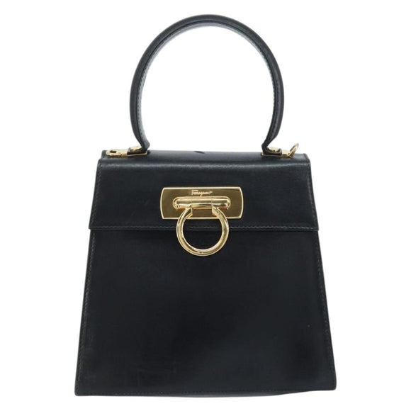 Salvatore Ferragamo Gancini Hand Bag Leather Black Gold Auth 173237