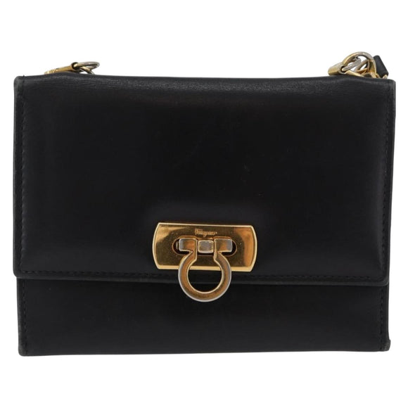 Salvatore Ferragamo Gancini Shoulder Bag Leather Gold Black Auth 173272