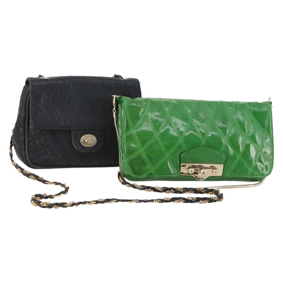 BALLY Shoulder Bag leather Patent 2 Set Black Green Auth 173296