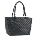 CHANEL Cambon Line Matelasse Tote Bag Lamb Skin Black Silver CC Auth 173305SAM-1