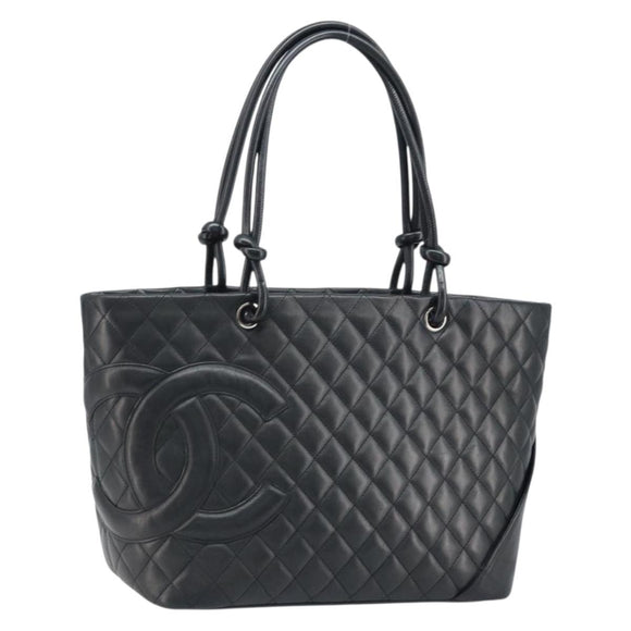 CHANEL Cambon Line Matelasse Tote Bag Lamb Skin Black Silver CC Auth 173305SAM