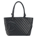CHANEL Cambon Line Matelasse Tote Bag Lamb Skin Black Silver CC Auth 173305SAM-13