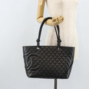 CHANEL Cambon Line Matelasse Tote Bag Lamb Skin Black Silver CC Auth 173305SAM-22