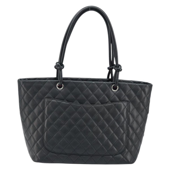 CHANEL Cambon Line Matelasse Tote Bag Lamb Skin Black Silver CC Auth 173305SAM