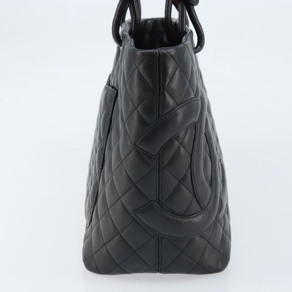 CHANEL Cambon Line Matelasse Tote Bag Lamb Skin Black Silver CC Auth 173305SAM