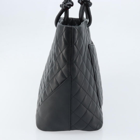 CHANEL Cambon Line Matelasse Tote Bag Lamb Skin Black Silver CC Auth 173305SAM