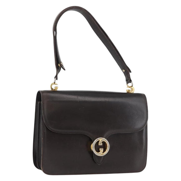 GUCCI Shoulder Bag Leather Brown Gold Auth 173328