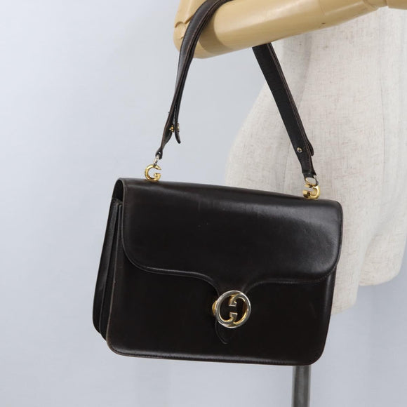 GUCCI Shoulder Bag Leather Brown Gold Auth 173328