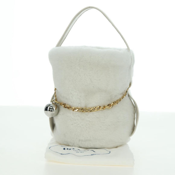 PRADA Hand Bag Fur White Gold Auth 173332SM