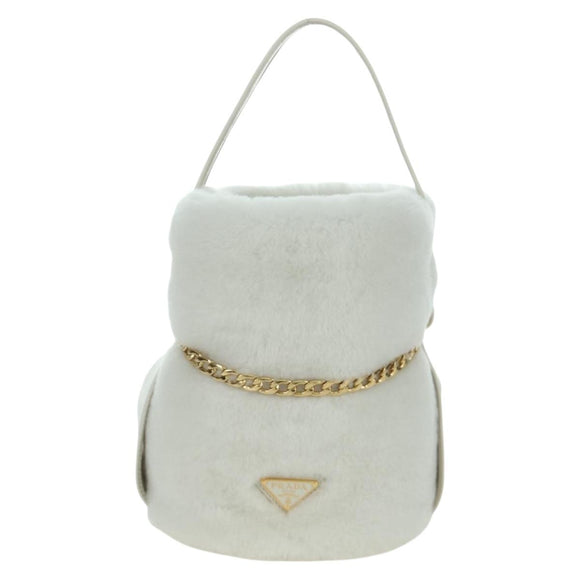 PRADA Hand Bag Fur White Gold Auth 173332SM