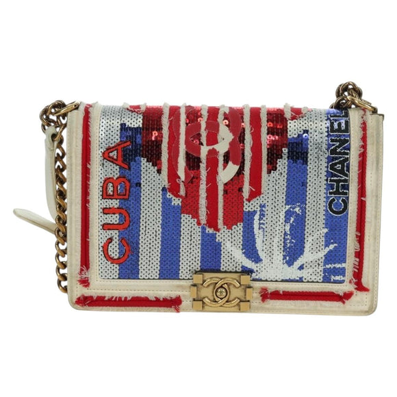 CHANEL Boy Chanel 28 Cuba Chain Sequin Bag Leather Gold CC Auth 173370SAM