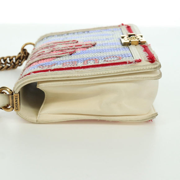 CHANEL Boy Chanel 28 Cuba Chain Sequin Bag Leather Gold CC Auth 173370SAM