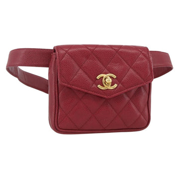 CHANEL Matelasse Waist bag Caviar Skin Red Gold CC Auth 173394A