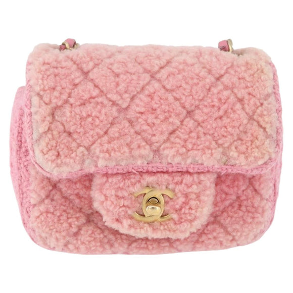 CHANEL Mini Matelasse 15 Chain Shoulder Bag Wool Pink Gold CC Auth 173407SAM