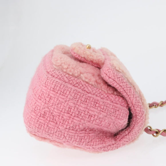 CHANEL Mini Matelasse 15 Chain Shoulder Bag Wool Pink Gold CC Auth 173407SAM