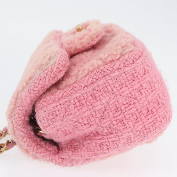 CHANEL Mini Matelasse 15 Chain Shoulder Bag Wool Pink Gold CC Auth 173407SAM