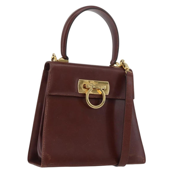 Salvatore Ferragamo Gancini Hand Bag Leather 2way Brown Gold Auth 173424