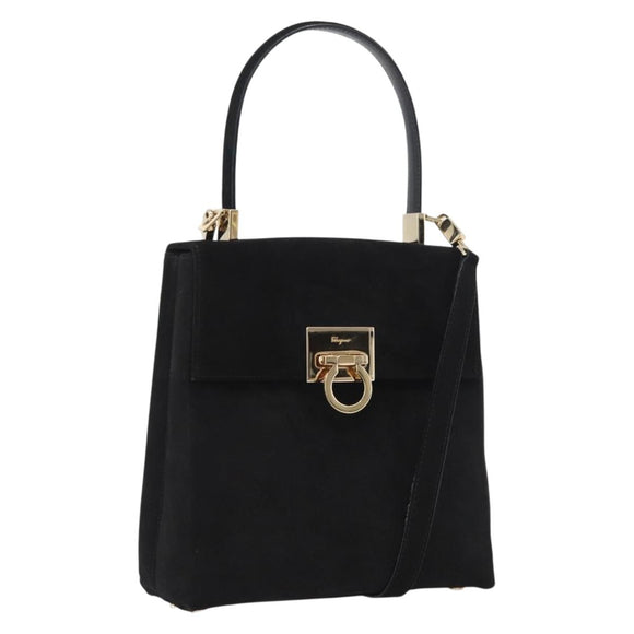 Salvatore Ferragamo Gancini Hand Bag Suede 2way Black Gold Auth 173432