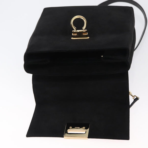 Salvatore Ferragamo Gancini Hand Bag Suede 2way Black Gold Auth 173432