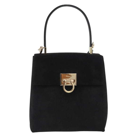 Salvatore Ferragamo Gancini Hand Bag Suede 2way Black Gold Auth 173432