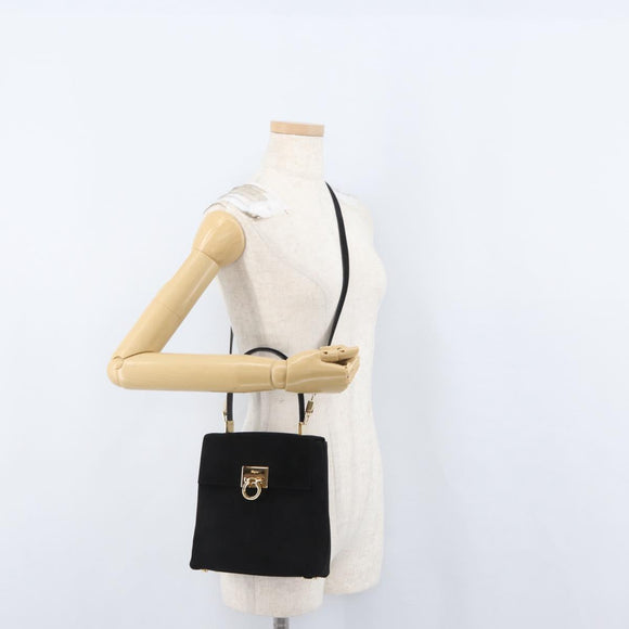 Salvatore Ferragamo Gancini Hand Bag Suede 2way Black Gold Auth 173432