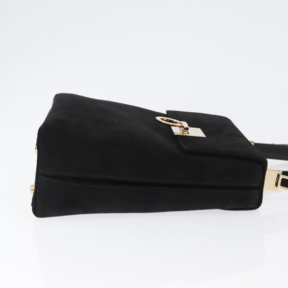 Salvatore Ferragamo Gancini Hand Bag Suede 2way Black Gold Auth 173432