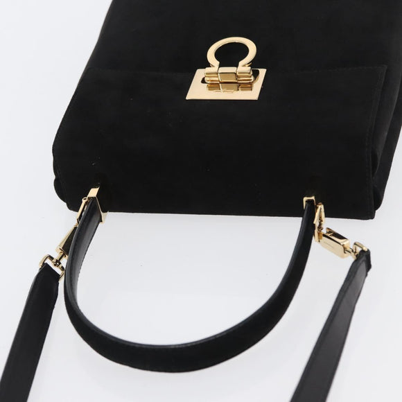Salvatore Ferragamo Gancini Hand Bag Suede 2way Black Gold Auth 173432