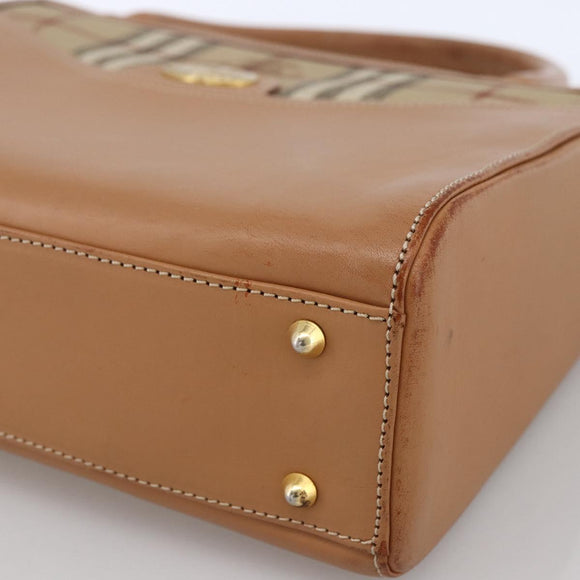 Burberrys Nova Check Hand Bag Leather Beige Gold Auth 173439
